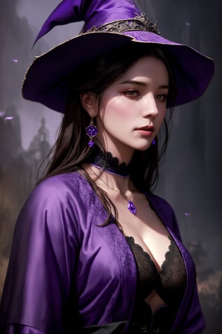 dalcefo, (a medieval witch in purple clothes), 1girl, modelshoot style, intricate details, masterpiece, cinematic lighting, dramatic, trending on artstation, highly detailed body, highly detailed face, ultra resolution, painting art by greg rutkowski and ruan jia, ilya kuvshinov fantasy ambiance