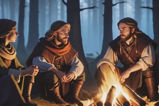 a group of fantasy medieval traveler in a campfire, windy night, cold nights, medieval fantasy forest, cinematic