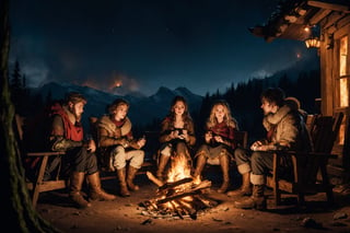 a group of fantasy medieval traveler in a campfire, windy night, cold nights, medieval fantasy forest, cinematic