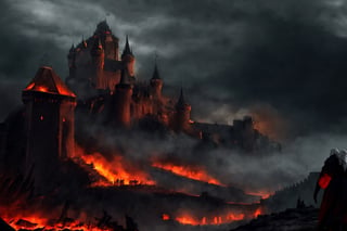 a big castle in a siege, cinematic shot, sorrounded by army, fire everywhere, medieval castle, medieval targaryen army, a big city in the background, gloomy sky