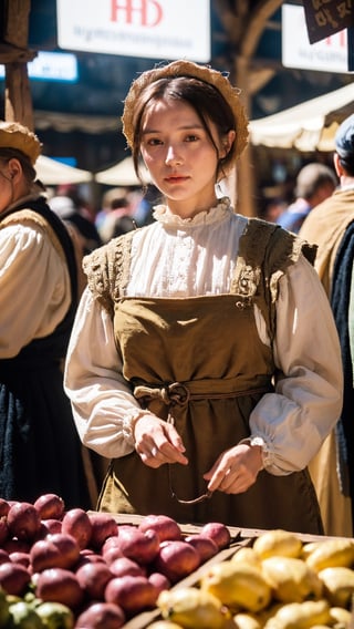 A medieval peasant girl in a crowded medieval marketplace, ultra high quality, real image, realistic, real-life skin, dynamic lighting, cinematic, (hyperrealism:1.2), (8K UHD:1.2), (photorealistic:1.2), shot with Canon EOS 5D Mark IV