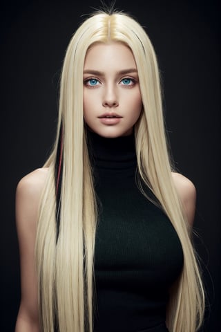 (photorealistic:1.4), large eyes, (deep green eyes:1.1), drooping eyes, perfect breasts, white skin, (blonde and black streaked hair:1.3), long flowing Rapunzel hair, BREAK bare shoulder turtleneck shirts, mini skirt, stole, [:(see-through stole:1.3):30]