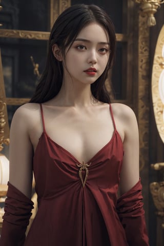 young red woman, red priest, in red temple, game of thrones, masterpiece, best quality (detailed face, detailed skin texture, ultra detailed body), (cinematic light: 1.1), very detailed, 1girl,