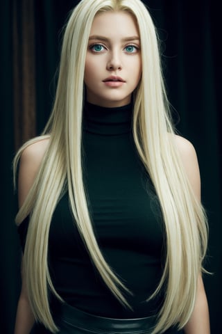 (photorealistic:1.4), large eyes, (deep green eyes:1.1), drooping eyes, perfect breasts, white skin, (blonde and black streaked hair:1.3), long flowing Rapunzel hair, BREAK bare shoulder turtleneck shirts, mini skirt, stole, [:(see-through stole:1.3):30]