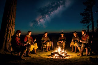 a group of fantasy medieval traveler in a campfire, windy night, cold nights, medieval fantasy forest, cinematic