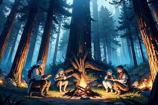 a group of fantasy medieval traveler in a campfire, windy night, cold nights, medieval fantasy forest, cinematic