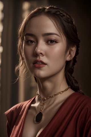 young red woman, red priest, in red temple, game of thrones, masterpiece, best quality (detailed face, detailed skin texture, ultra detailed body), (cinematic light: 1.1), very detailed, 1girl,