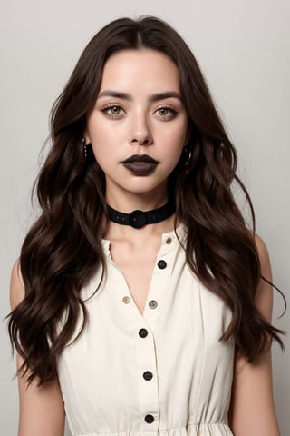 woman, adelaideKane, long brown hair, brown eyes, button nose, (black lipstick), full face makeup, cream colored full halter dress portrait, (high detailed skin:1.2), mid-twenty, white background, (medium shot:1.4),