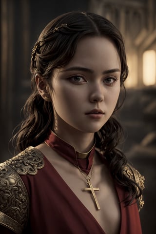 young red woman, red priest, in red temple, game of thrones, masterpiece, best quality (detailed face, detailed skin texture, ultra detailed body), (cinematic light: 1.1), very detailed, 1girl,