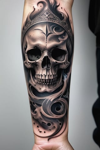 (a surrealistic tattoo design, a trail of smoke forming half of a skull),(soot texture), intricate tribal details, monochromatic, smoke, tattoo on forearm,FuturEvoLabTattoo