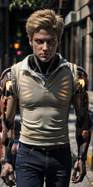 (realistic:1.5), beautiful face, masterpiece, best quality, ultra-detailed, highres, (intricate:1.4), physically based render, ray-tracing, studio lighting, rich colors, (blonde hair:1.4), glowing eyes, cyborg, male,genos, walking,perfecteyes