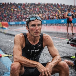 An amazing photograph of an Olympic triathlete sitting at the finish line exhausted after a race.
exhausted, dramatic, sweating_profusely, soaking wet, 8k, full body shot, looking at viewer