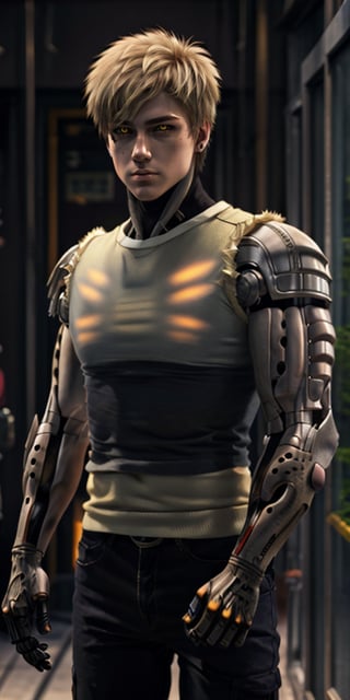 (realistic:1.5), beautiful face, masterpiece, best quality, ultra-detailed, highres, (intricate:1.4), physically based render, ray-tracing, studio lighting, rich colors, (blonde hair:1.4), glowing eyes, cyborg, male,genos, walking,perfecteyes, mechanical arms