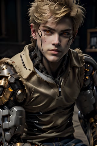 genos,perfecteyes, (photorealistic:1.5), beautiful face, masterpiece, best quality, ultra-detailed, highres, (intricate:1.4), physically based render, ray-tracing, studio lighting, rich colors, (blonde hair:1.4), glowing eyes, cyborg, (genos:1.5)