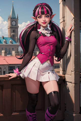 ((masterpiece,best quality)), absurdres,, Draculaura_MH, pink top, black hair, pink hair, multicolored hair, pointy ears,white skirt, pink knee boots, smiling, contrapposto, school hall in background, cinematic composition, 