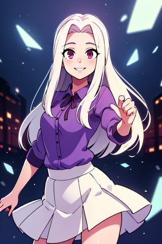 ((masterpiece,best quality)), absurdres, , Irisviel_von_Einzbern, purple shirt, white skirt, solo, smiling, looking at viewer, cowboy shot, cinematic composition, dynamic pose