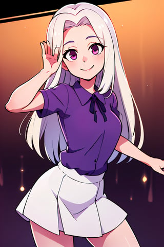 ((masterpiece,best quality)), absurdres, , Irisviel_von_Einzbern, purple shirt, white skirt, solo, smiling, looking at viewer, cowboy shot, cinematic composition, dynamic pose