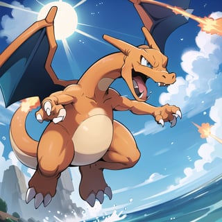 ((masterpiece,best quality)), absurdres, award winning photo,  Charizard_Pokemon, flame-tipped tail, wings,3d, blue_sky, cloud, cloudy_sky, day, depth_of_field, explosion, jumping, motion_blur, no_humans, ocean, open_mouth, outdoors, pokemon_\(creature\),  sky, sun,   