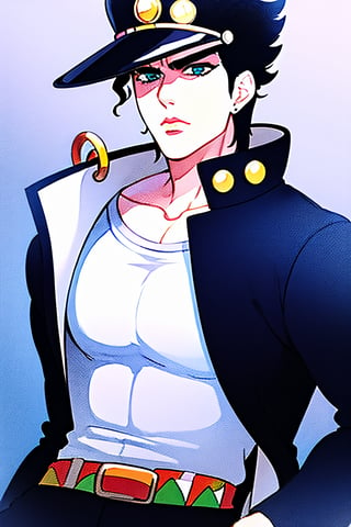 watercolor, traditional art, anime, 1boy, kujo jotaro, blue green eyes, big chain, BREAK perfect face, male focus, solo, upper body, long coat, male focus, shirt, belts, dramatic, masculine, white shirt, 