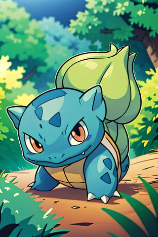 centered, award winning photo, (looking at viewer:1.2), |  Bulbasaur_Pokemon, |forest, big trees | bokeh, depth of field, cinematic composition, | ,Wartortle_Pokemon