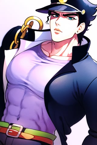 watercolor, traditional art, anime, 1boy, kujo jotaro, blue green eyes, big chain, BREAK perfect face, male focus, solo, upper body, long coat, muscular, male focus, shirt, belts, dramatic, masculine,