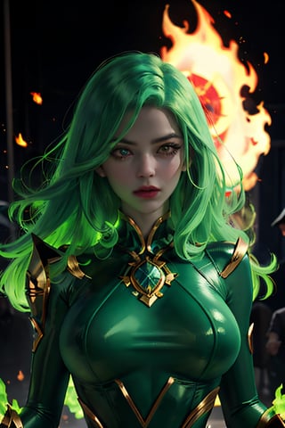 ((masterpiece,best quality)), absurdres, cinematic composition,, fire_lit_DC, 1girl, green glow, upper body, long hair, smug, holding green fireball, magic,