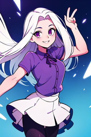 ((masterpiece,best quality)), absurdres, , Irisviel_von_Einzbern, purple shirt, white skirt, solo, smiling, looking at viewer, cowboy shot, cinematic composition, dynamic pose