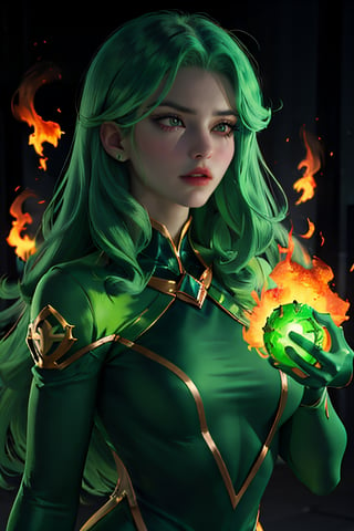 ((masterpiece,best quality)), absurdres, cinematic composition,, fire_lit_DC, 1girl, green glow, upper body, long hair, smug, holding green fireball, magic,