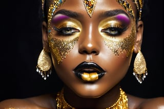 closeup face portrait of a black skinned woman, long eyelashes, nose piercing, dripping liquid gold from face, diamonds gemstone on skin, black matted lips, colorful eye shadow, finger on the lips, gold glitter applicartions on face, dark background, ,DonML1quidG0ldXL 