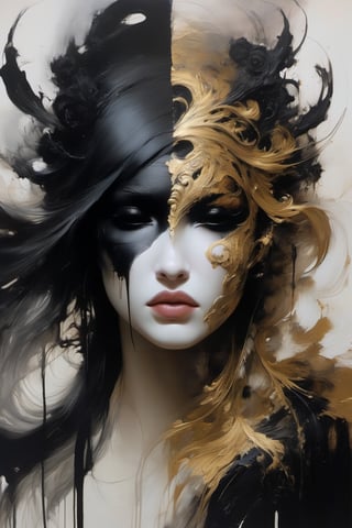 Scumbling painting of a woman with black makeup on her face, no eyes, roughly painted skin, messy paint strokes, by Bastien L. Deharme, gothic art, style of Ashley Wood, bronze and black metal, Sakimichan Frank Franzzeta, beautiful portrait of a hopeless, Ruan Jia and Joao Ruas, watercolors and oil on canvas