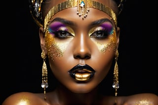 closeup face portrait of a black skinned woman, long eyelashes, nose piercing, dripping liquid gold from face, diamonds gemstone on skin, black matted lips, colorful eye shadow, finger on the lips, gold glitter applicartions on face, dark background, ,DonML1quidG0ldXL 