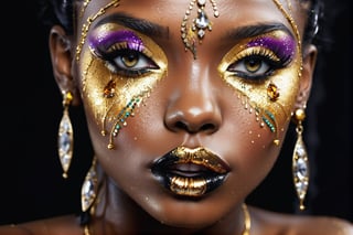 closeup face portrait of a black skinned woman, long eyelashes, nose piercing, dripping liquid gold from face, diamonds gemstone on skin, black matted lips, colorful eye shadow, finger on the lips, gold glitter applicartions on face, dark background, ,DonML1quidG0ldXL 