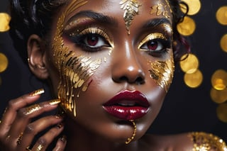 closeup face portrait of a black skinned woman, long eyelashes, dripping liquid gold from face, wine red lips, colorful eye shadow, finger on the lips, gold glitter applicartions on face, , decoration, dark background, ,DonML1quidG0ldXL 