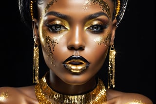 closeup face portrait of a black skinned woman, long eyelashes, nose piercing, dripping liquid gold from face, diamonds gemstone on skin, black matted lips, colorful eye shadow, finger on the lips, gold glitter applicartions on face, dark background, ,DonML1quidG0ldXL 