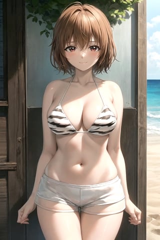 masterpiece, best aesthetic, best quality, ultra detailed, mao_miko, (large breasts:1.2), (wide hips:1.2), doax_nixie, (white bikini, striped bikini, animal print:1.3), halterneck, (white shorts, short shorts, striped shorts:1.3), cowboy shot, looking_at_viewer, outdoors, beach, (smile, closed mouth:1.2)