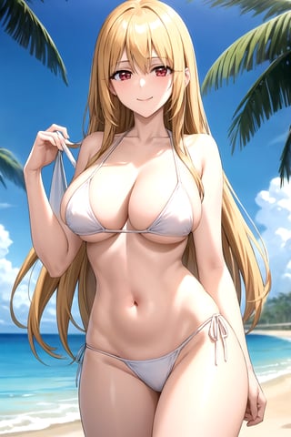 masterpiece, best quality, best aesthetic, anime, ultra detailed,
valkyrie_leia, 1girl, solo, (white bikini, highleg bikini:1.2), cleavage, halterneck, (large breasts, wide hips:1.3), (long hair, blond hair:1.2), red eyes, (smile, closed mouth:1.2), cowboy shot, looking at viewer, outdoors, beach, palm tree