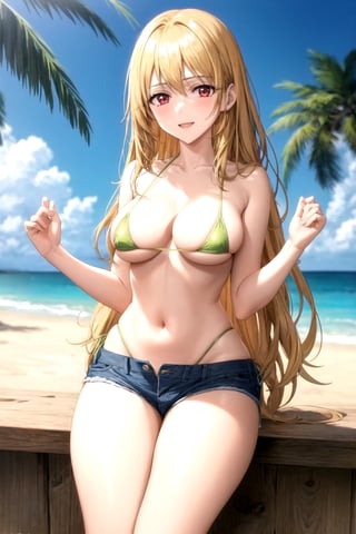 masterpiece, best quality, best aesthetic, anime, ultra detailed,
valkyrie_leia, 1girl, solo, reiovabikini, (green bikini, string bikini, micro bikini, highleg:1.3), (blue shorts, denim shorts, short shorts:1.3), (large breasts, wide hips:1.3), (long hair, blond hair:1.2), red eyes, (smile, closed mouth:1.2), cowboy shot, looking at viewer, outdoors, beach, palm tree