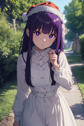 Fern, 1 girl, petite, wear Santa Claus hat, solo, purple hair, long hair, purple eyes, blunt bangs, sidelocks, half updo, bright pupils, hair ornament, frilled collar, white dress, center frills, long sleeves, long skirt, curvy, cowboy shot, Exquisite visuals, high-definition, masterpiece, best quality, 20yo, Young female, Beautiful Finger, Beautiful long legs, Beautiful body, Beautiful Nose, Beautiful character design, perfect eyes, perfect face, expressive eyes, 
 looking at viewer, official art, extremely detailed CG unity 8k wallpaper, perfect lighting,Colorful, Bright_Front_face_Lighting, shiny skin, (masterpiece:1.0), (best_quality:1.0), ultra high res, 4K, ultra-detailed, photography, 8K, HDR, highres, absurdres, Kodak portra 400, film grain, blurry background, bokeh lens flare, vibrant_color, beautiful_face, ,Santa Claus, outdoor, forest, sky