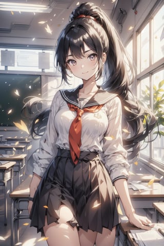 anime style beautiful woman, 1girl, (ponytail), black hair, (long hair), (smile), (((Classroom, blurry background))),
Slender, skinny, (turime), thick eyebrows, 
(school uniform), (sailor uniform), ((red sailor tie)), (white sailor blouse),  
vibrant colors, sharp focus, best quality, depth of field, cinematic lighting, (illustration, 8k CG, extremely detailed), ultra-detailed, high resolution, firefliesfireflies, perfect light, 
stylish pose, 8k, very clear, highest quality, high resolution. best quality, illustration, sax blue,  (dynamic lighting:1.2), cinematic lighting, delicate facial features, detailed eyes, sharp pupils, realistic pupils, depth of field, bokeh, sharp focus, (hyper-detailed, bloom, glow:1.4), many small gems, 
 Classroom,light,see-through,glitter,IncrsAnyasHehFaceMeme