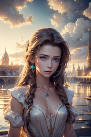 ((masterpiece)), (best quality), (cinematic), Slender, skinny, Flat Chest, small breasts, long white dress, close-up, puddles of water, long black hair, bangs, green eyes, freckles on cheeks, wind, detailed face, detailed body, dark gray sky, glow, clouds, city lights, floating bubbles (cinematic, colorful), (extremely detailed), clouds, highly detailed face,aerith gainsborough,aerith gainsborough \(cosplay\)