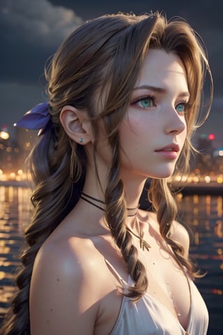 ((masterpiece)), (best quality), (cinematic), Slender, skinny, Flat Chest, small breasts, long white dress, close-up, puddles of water, long black hair, bangs, green eyes, freckles on cheeks, wind, detailed face, detailed body, dark gray sky, glow, clouds, city lights, floating bubbles (cinematic, colorful), (extremely detailed), clouds, highly detailed face,aerith gainsborough,aerith gainsborough \(cosplay\),choker