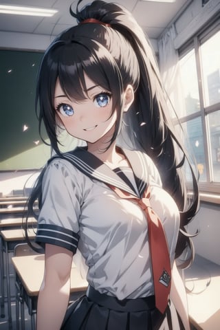 anime style beautiful woman, 1girl, (ponytail), black hair, (long hair), (smile), (((Classroom, blurry background))),
Slender, skinny, (turime), thick eyebrows, 
(school uniform), (sailor uniform), ((red sailor tie)), (white sailor blouse), upper body, 
vibrant colors, sharp focus, best quality, depth of field, cinematic lighting, (illustration, 8k CG, extremely detailed), ultra-detailed, high resolution, firefliesfireflies, perfect light, 
stylish pose, 8k, very clear, highest quality, high resolution. best quality, illustration, sax blue, 1girl, cute, (dynamic lighting:1.2), cinematic lighting, delicate facial features, detailed eyes, sharp pupils, realistic pupils, depth of field, bokeh, sharp focus, (hyper-detailed, bloom, glow:1.4), many small gems, e235,Void volumes,Classroom,light