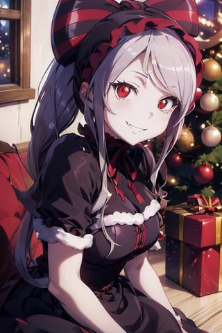 (((picture perfect))), (absurdres), 1girl, solo, , shalltear bloodfallen, frilled dress, gothic, bonnet, hair bow, fang out, looking at viewer, smile, christmas gift, christmas tree, Santa Claus