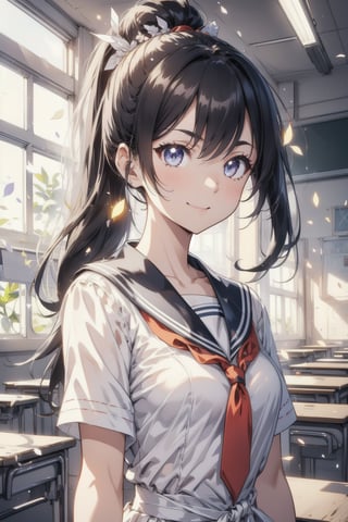 anime style beautiful woman, 1girl, (ponytail), black hair, (long hair), (smile), (((Classroom, blurry background))),
Slender, skinny, (turime), thick eyebrows, 
(school uniform), (sailor uniform), ((red sailor tie)), (white sailor blouse),  
vibrant colors, sharp focus, best quality, depth of field, cinematic lighting, (illustration, 8k CG, extremely detailed), ultra-detailed, high resolution, firefliesfireflies, perfect light, 
stylish pose, 8k, very clear, highest quality, high resolution. best quality, illustration, sax blue,  (dynamic lighting:1.2), cinematic lighting, delicate facial features, detailed eyes, sharp pupils, realistic pupils, depth of field, bokeh, sharp focus, (hyper-detailed, bloom, glow:1.4), many small gems, 
 Classroom,light,see-through,glitter,IncrsAnyasHehFaceMeme