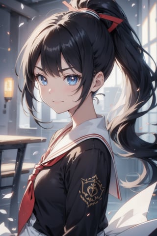 anime style beautiful woman, 1girl, (ponytail), black hair, (long hair), 
smile, 
Slender, skinny, (turime), thick eyebrows, 
(school uniform), (sailor uniform), ((red sailor tie)), (white sailor blouse), 
High-resolution, masterpiece, polished, shimmering, tight-focus, vivid, ((asymmetrical composition)), 
vibrant colors, sharp focus, best quality, depth of field, cinematic lighting, (illustration, 8k CG, extremely detailed), ultra-detailed, high resolution, firefliesfireflies, perfect light, 
stylish pose, 8k, very clear, highest quality, high resolution. best quality, illustration, sax blue, 1girl, cute, (dynamic lighting:1.2), cinematic lighting, delicate facial features, detailed eyes, sharp pupils, realistic pupils, depth of field, bokeh, sharp focus, (hyper-detailed, bloom, glow:1.4), many small gem