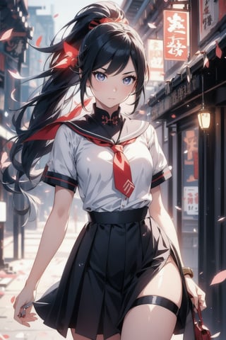 anime style beautiful woman, 1girl, (ponytail), black hair, (long hair), 
Fashion cheongsam, 
Slender, skinny, (turime), thick eyebrows, 
(school uniform), (sailor uniform), ((red sailor tie)), (white sailor blouse), 
vibrant colors, sharp focus, best quality, depth of field, cinematic lighting, (illustration, 8k CG, extremely detailed), ultra-detailed, high resolution, firefliesfireflies, perfect light, 
stylish pose, 8k, very clear, highest quality, high resolution. best quality, illustration, sax blue, 1girl, cute, (dynamic lighting:1.2), cinematic lighting, delicate facial features, detailed eyes, sharp pupils, realistic pupils, depth of field, bokeh, sharp focus, (hyper-detailed, bloom, glow:1.4), many small gems