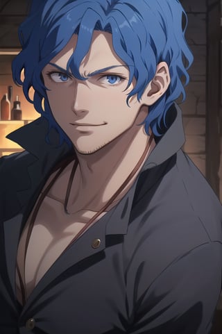 Brain Unglaus, Overlord, 1boy, solo, wavy hair, blue hair, 
masterpiece, best quality, ultra-detailed, glowing light, (detailed background, complex background:1.2), (perfect face, detailed face), upper body, bar, saloon, light smile, 
