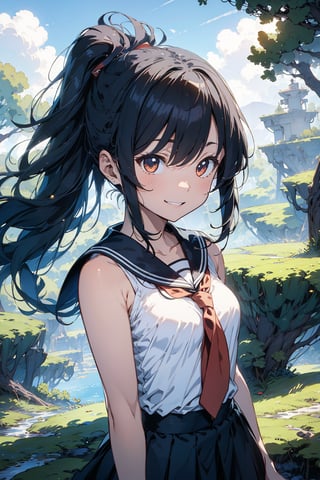 anime style beautiful woman, 1girl, (ponytail), black hair, (long hair), 
(smile), (face), close up, 
Slender, skinny, (turime), thick eyebrows, 
(school uniform), (sailor uniform), ((red sailor tie)), (white sailor blouse), sleeveless, bare shoulders, delicate and sexy collarbone, 
ride bike, desert, 
vibrant colors, female, masterpiece, sharp focus, best quality, depth of field, cinematic lighting, ((solo, one woman )), (illustration, 8k CG, extremely detailed), ultra-detailed, high resolution, firefliesfireflies,perfect light
A steampunk astronaut explores a moon that's an impossible jungle of steam-powered machinery and lush greenery. The Earth hangs in the sky, a backdrop to this anachronistic adventure.,perfect light