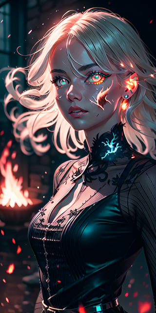 8K, high_resolution, 1080P, 1girl, (Masterpiece)), (Realistic, Photorealistic: 1.35), (RAW Photo, Best Quality),(red beatiful detailed flaming eyes:1.2),white hair, floating_hair ,scenery, shiny hair,cinematic scene, centered, beautiful face, black dress, black thin dress(seen through dress),small thin glowing and flaming scars on face