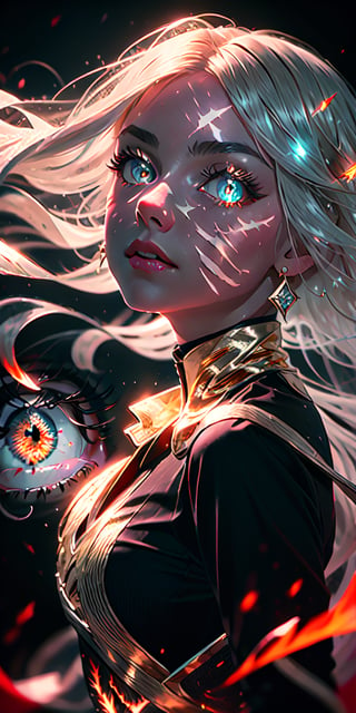 8K, high_resolution, 1080P, 1girl, (Masterpiece)), (Realistic, Photorealistic: 1.35), (RAW Photo, Best Quality), (red and gold color eyes:1),(red and gold beautiful detailed flaming eyes:1.2),white hair, floating_hair ,scenery, shiny hair,cinematic scene, centered, beautiful face,black dress,black thin dress(seen through dress),fully small glowing scars on face